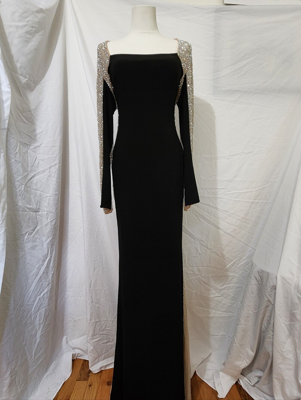 Black Evening Gown with Crystal-Embellished Sleeves